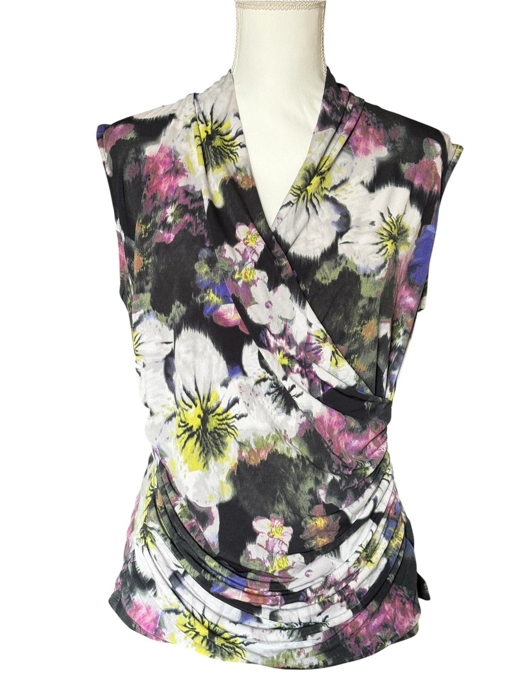 RACHEL Rachel Roy Floral Sleeveless Wrap Top Ruched Crossover Blouse L